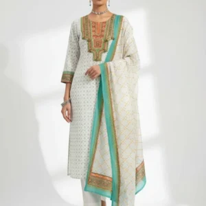 Women Off White Embroidered Kurta Set with Dupatta 3 Piece Suit Set