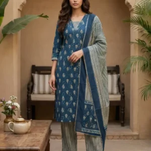 Women Indigo Blue Printed Kurta Pant Set with Dupatta