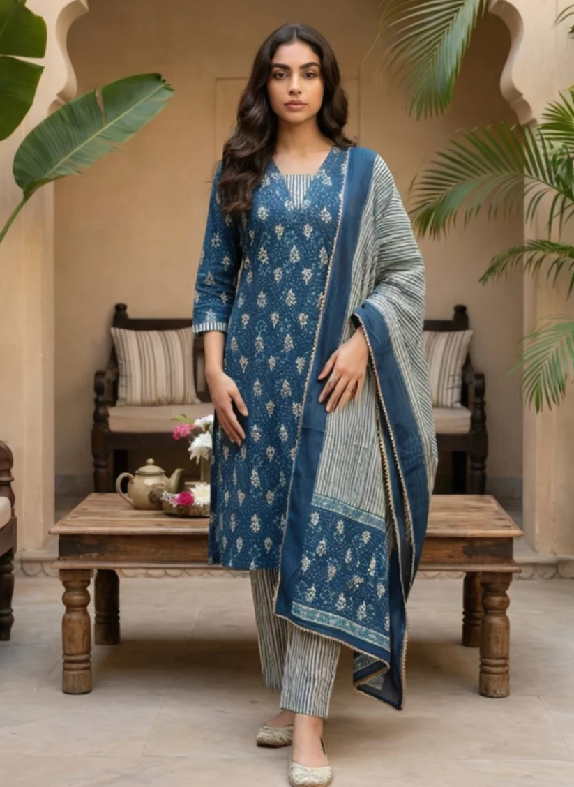 Women Indigo Blue Printed Kurta Pant Set with Dupatta - Image 2