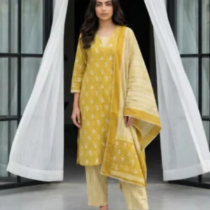Women Mustard Yellow Printed Kurta Pant Set with Dupatta