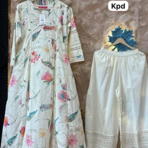 Women Cream Floral Printed A-Line Kurta Pant Dupatta Set | Elegant Ethnic Wear